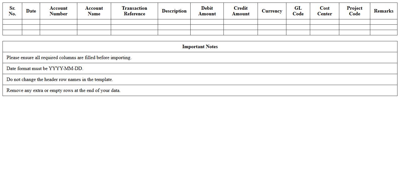 GL Bank Import Mapping Template Excel