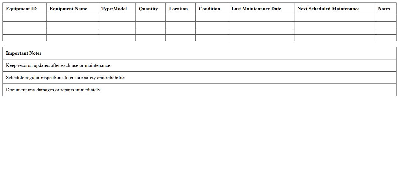 Harvesting Equipment Inventory Printable Excel
