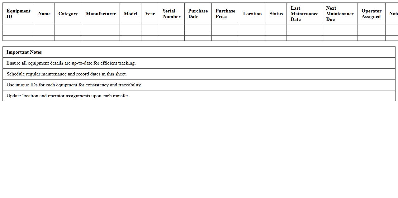 Heavy Equipment Inventory Excel Template