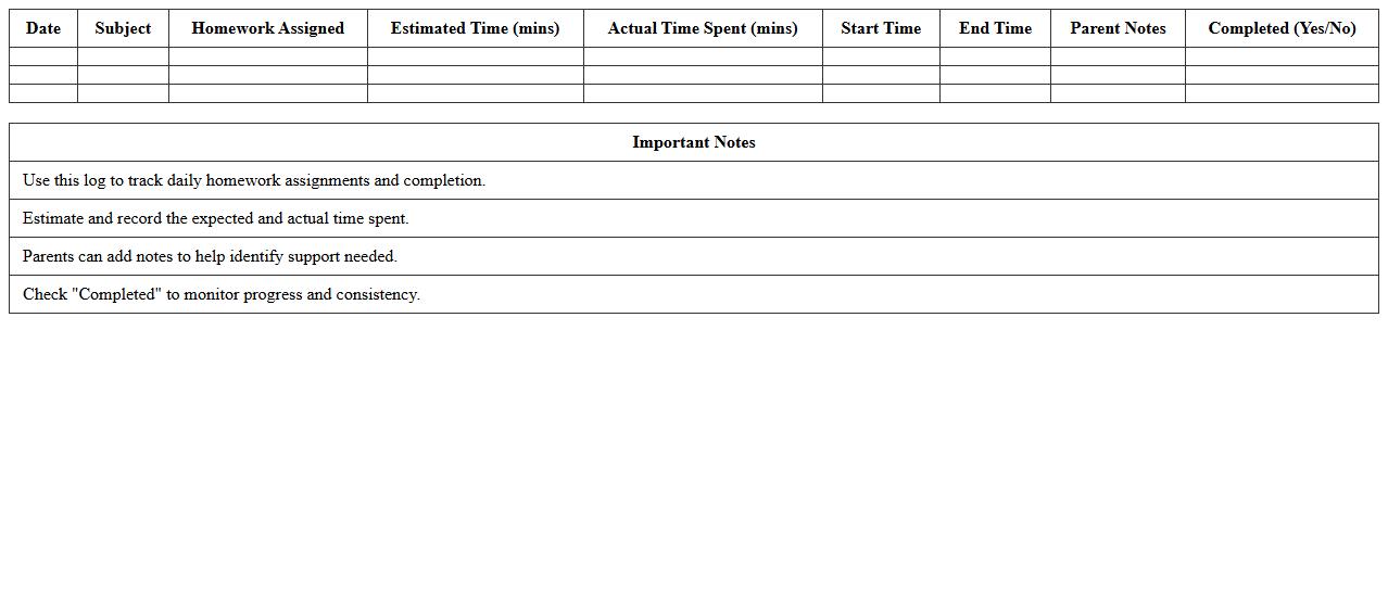 Homework Time Management Log Excel Template (For Parents)