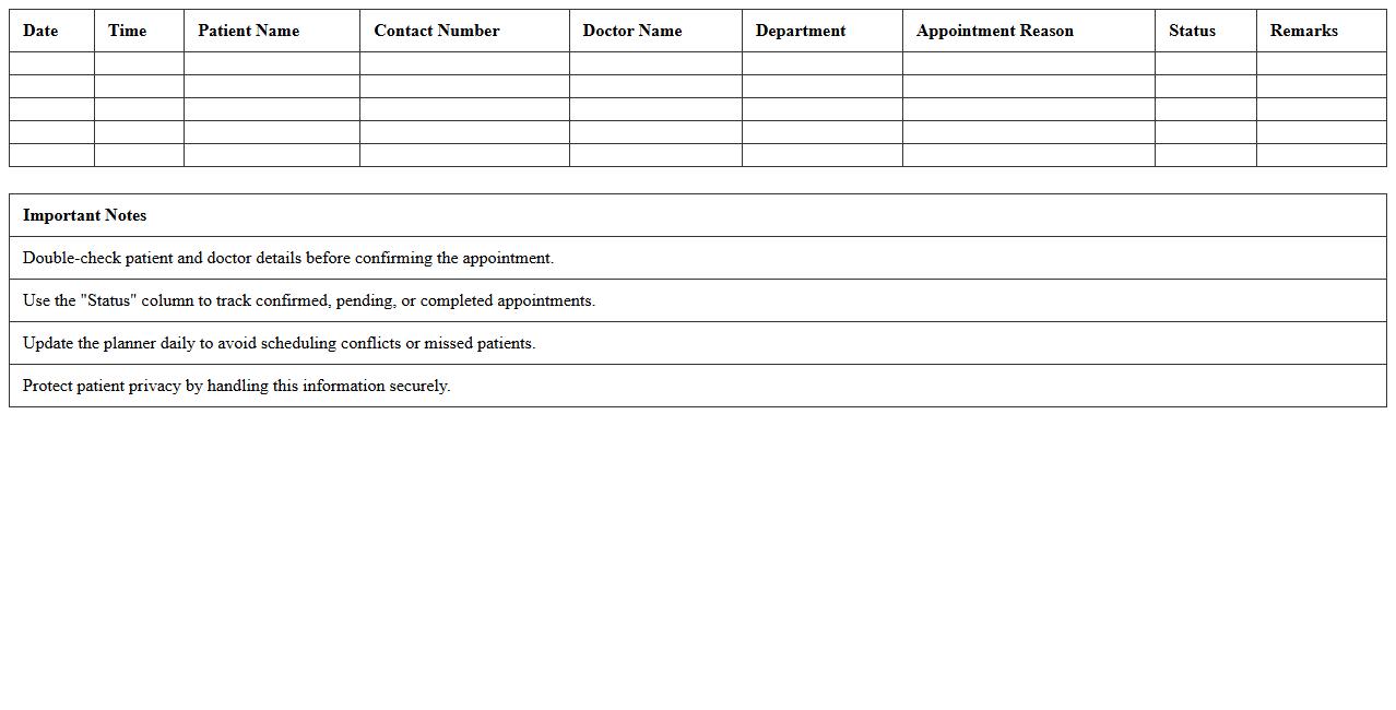 Hospital Appointment Planner Excel Spreadsheet