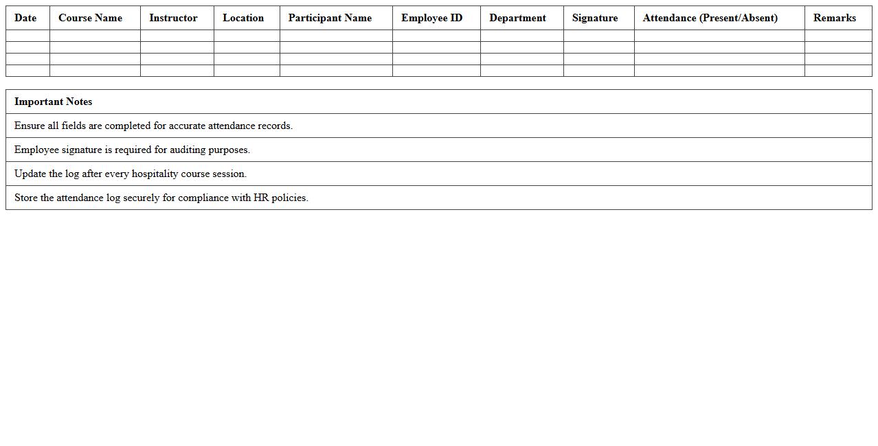 Hospitality Course Attendance Log Excel Template
