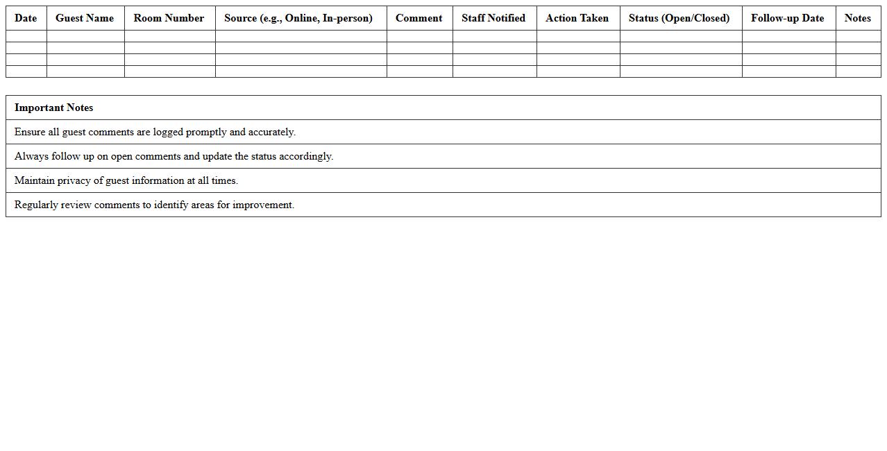 Hospitality Guest Comment Tracker Excel Sheet