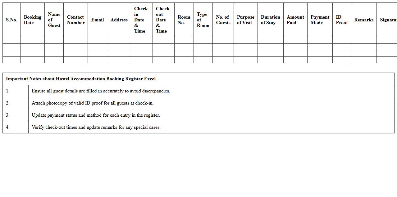 Hostel Accommodation Booking Register Excel