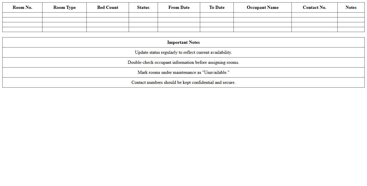 Hostel Room Availability Schedule Template