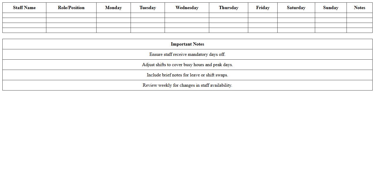 Hotel Kitchen Staff Weekly Schedule Excel Sheet