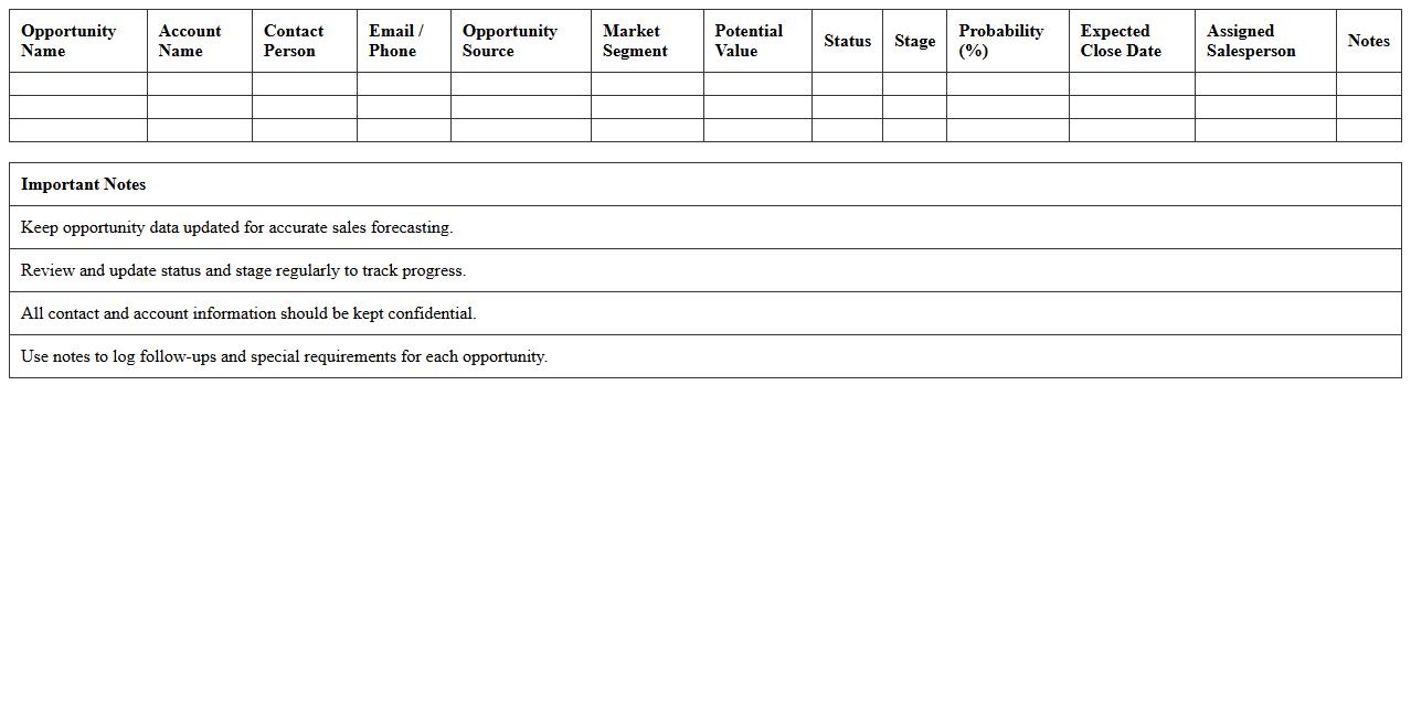Hotel Sales Opportunity Tracking Excel Document