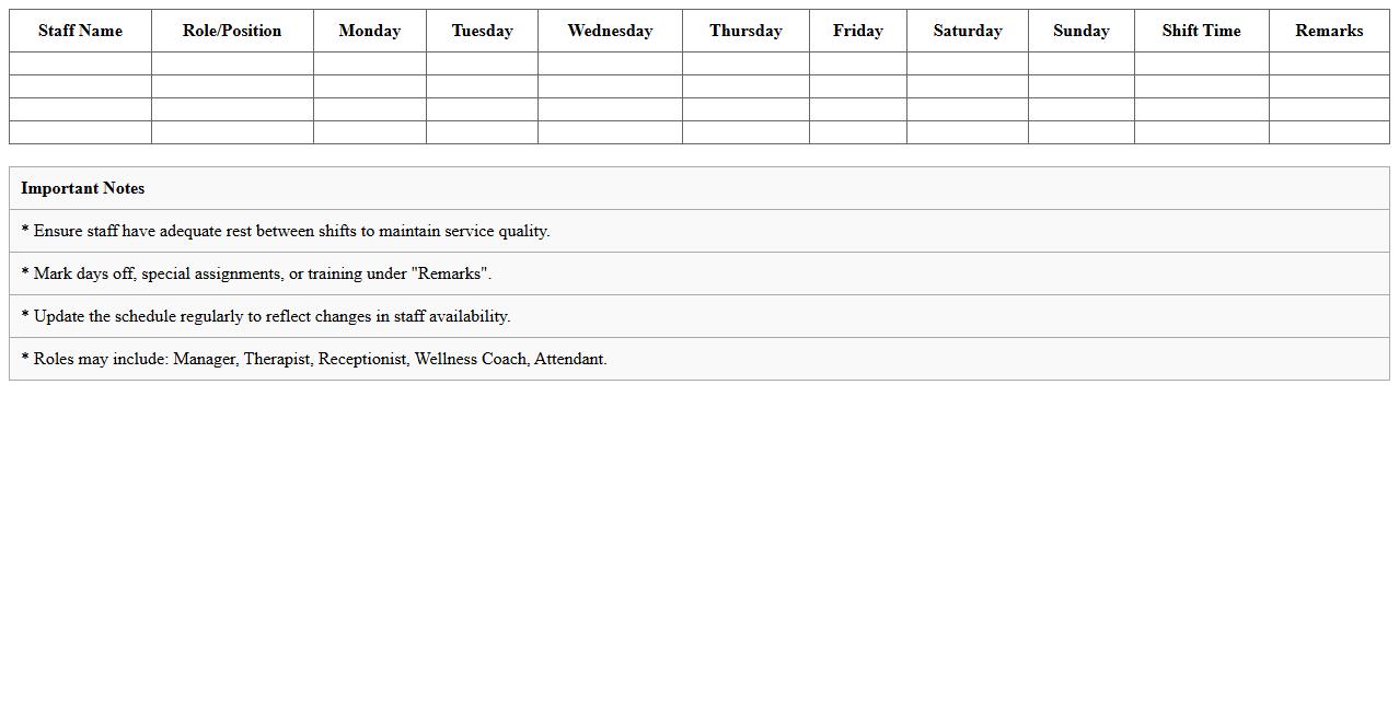 Hotel Spa and Wellness Staff Schedule Excel Sheet