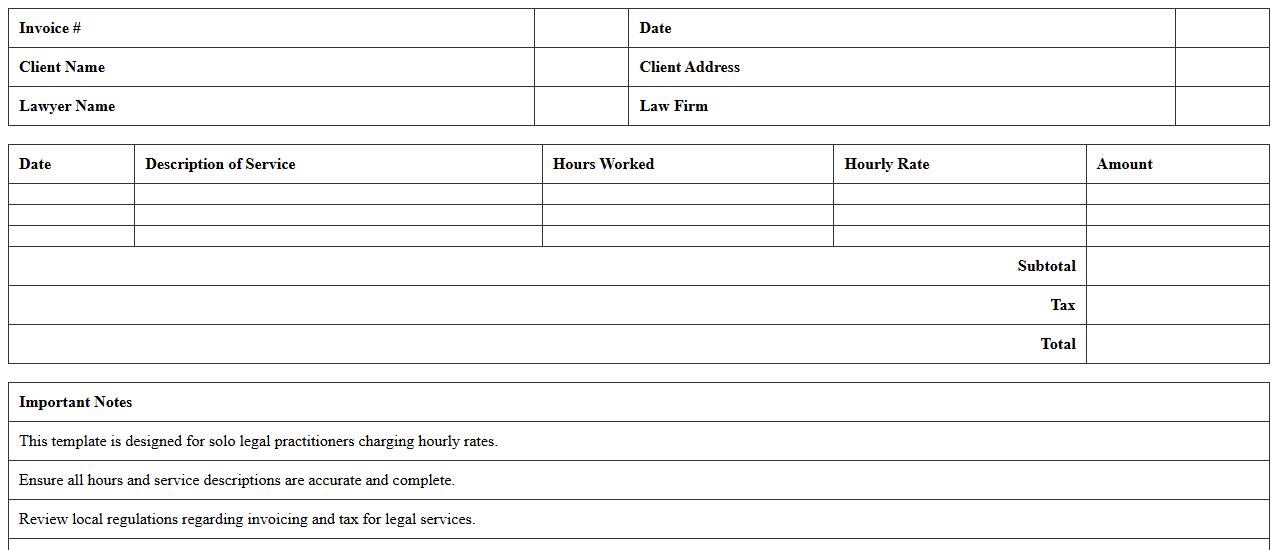 Hourly Legal Service Invoice Excel Template for Solo Practitioners