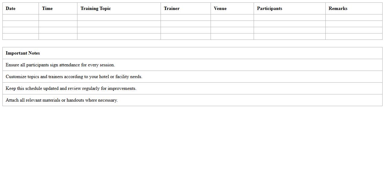Housekeeping Training Schedule Excel Template