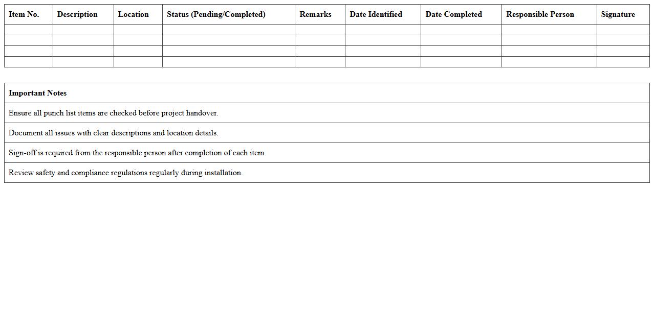 HVAC Installation Punch List Excel Template