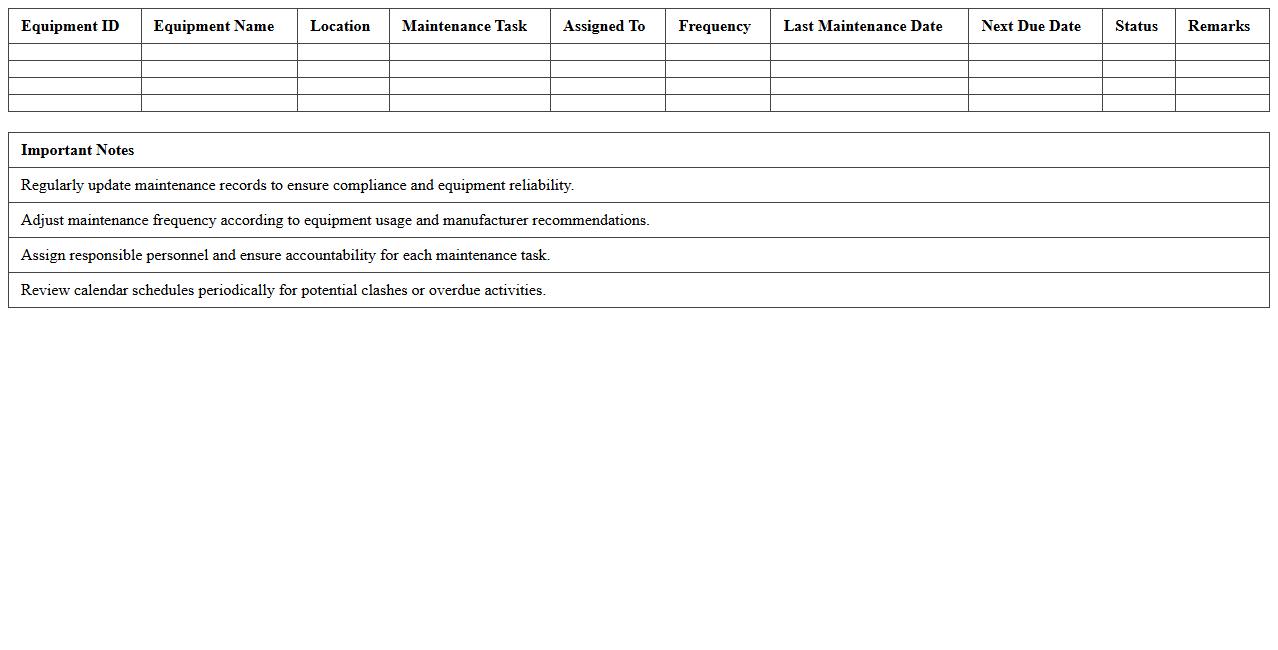 Industrial Equipment Preventive Maintenance Calendar Excel Template