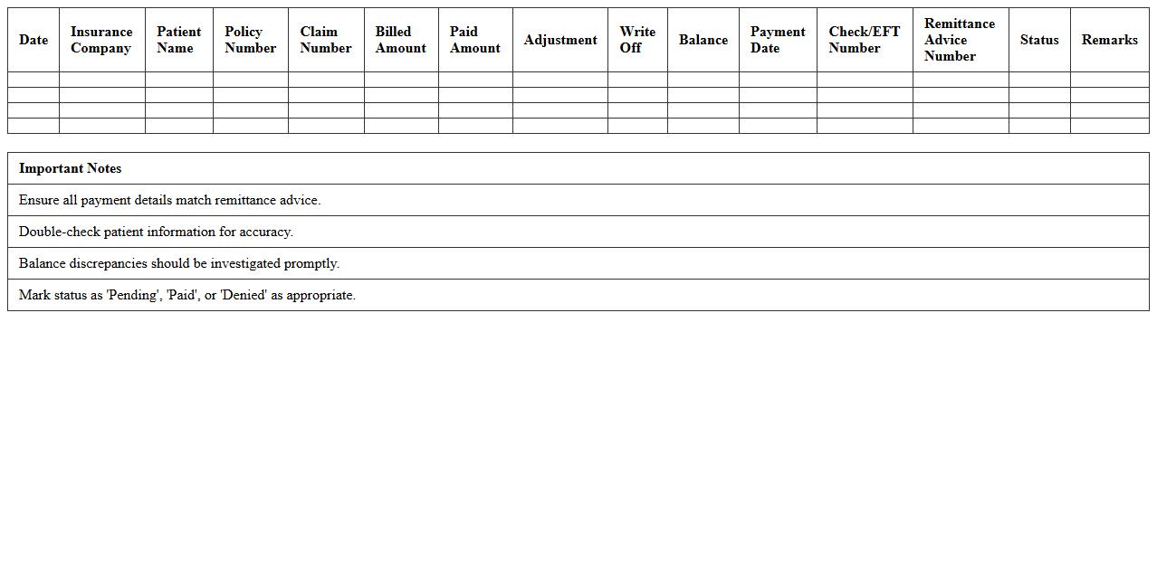 Insurance Payment Reconciliation Log Sheet