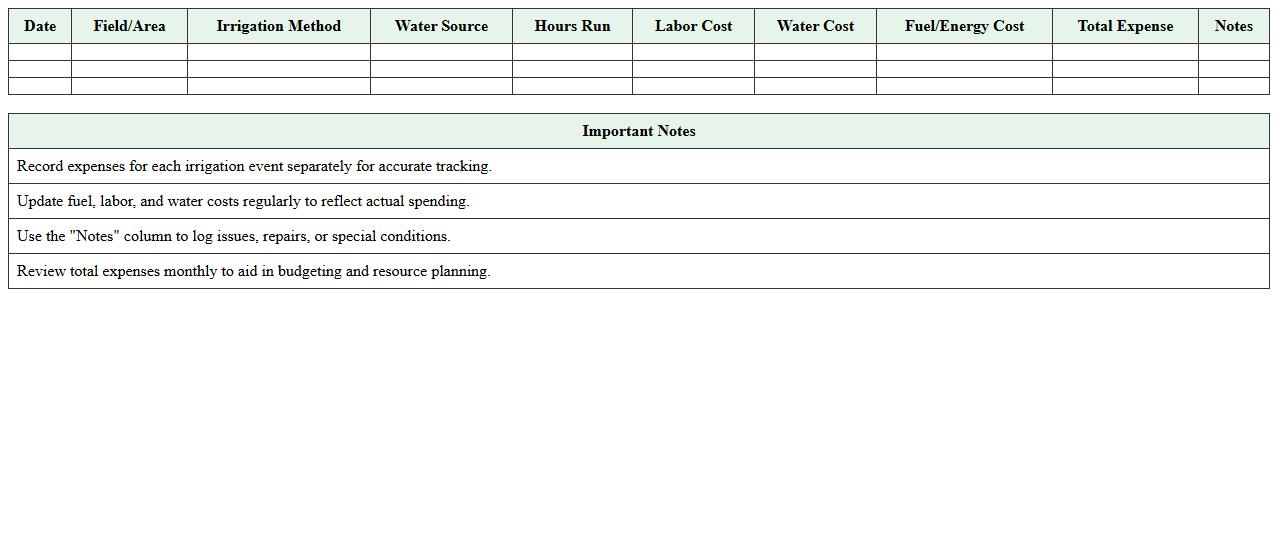 Irrigation Expense Log Excel Template