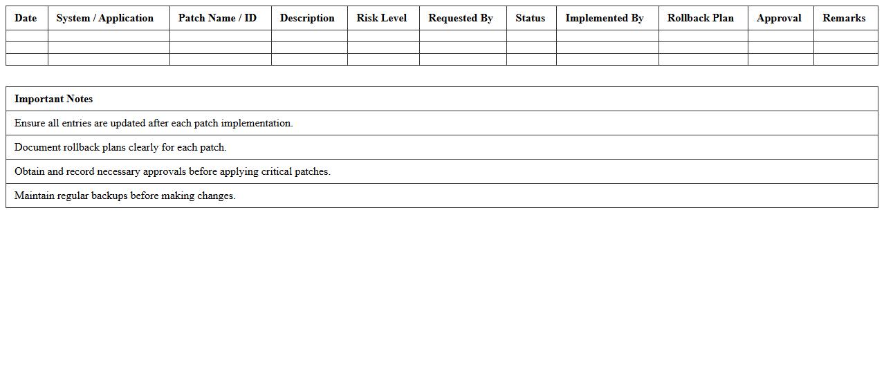 IT System Patches Change Log Excel Sheet