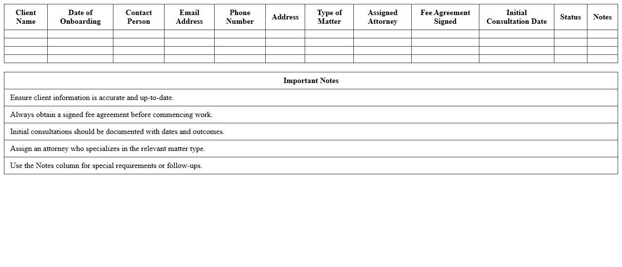 Law Firm New Client Onboarding Spreadsheet