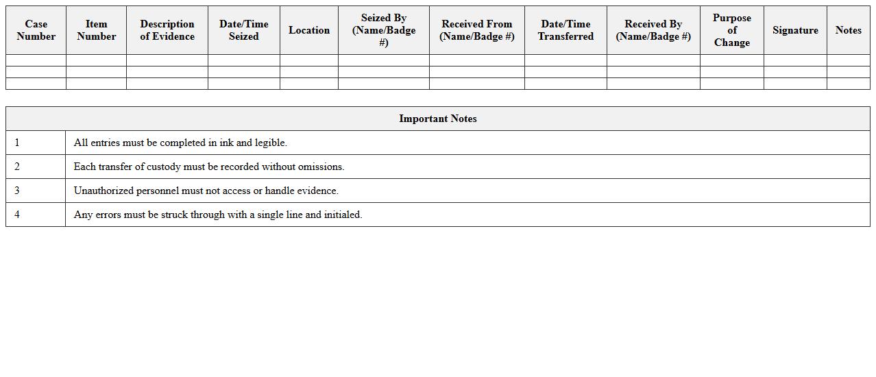 Legal Evidence Chain of Custody Log Excel Template