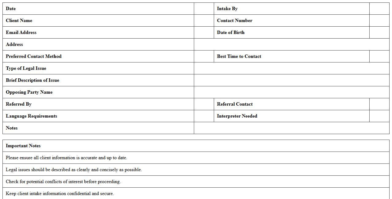 Legal Services Initial Intake Excel Form