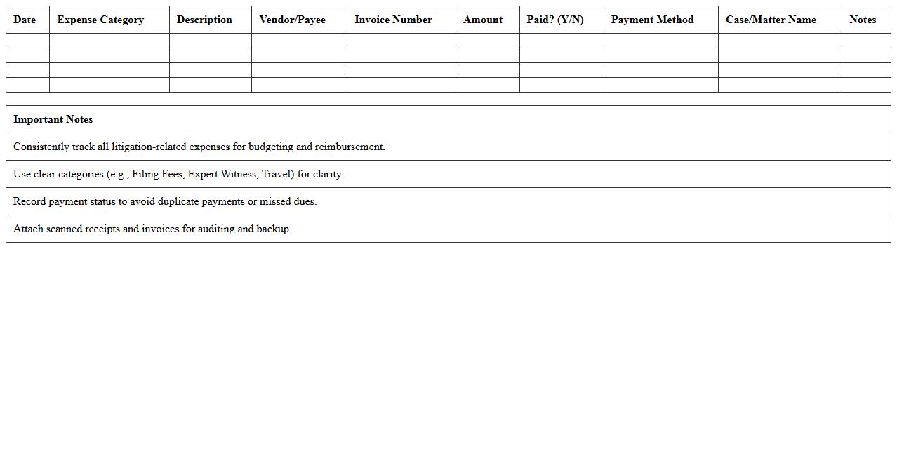 Litigation Expense Tracking Spreadsheet