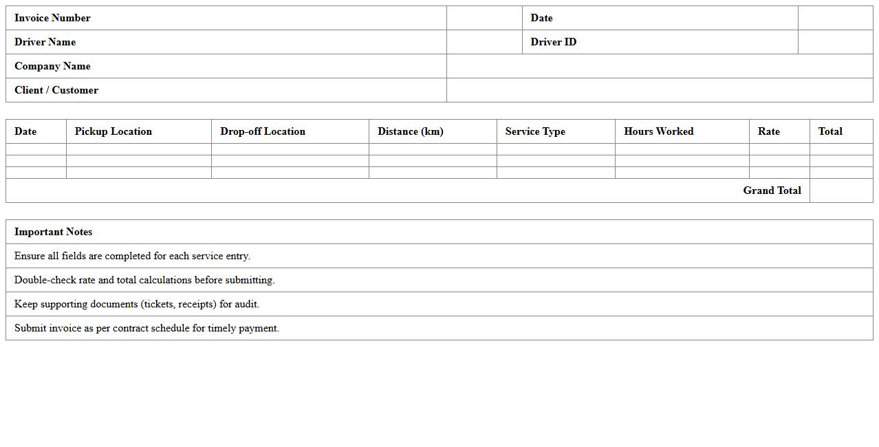 Logistics Service Invoice Excel Template for Contract Drivers