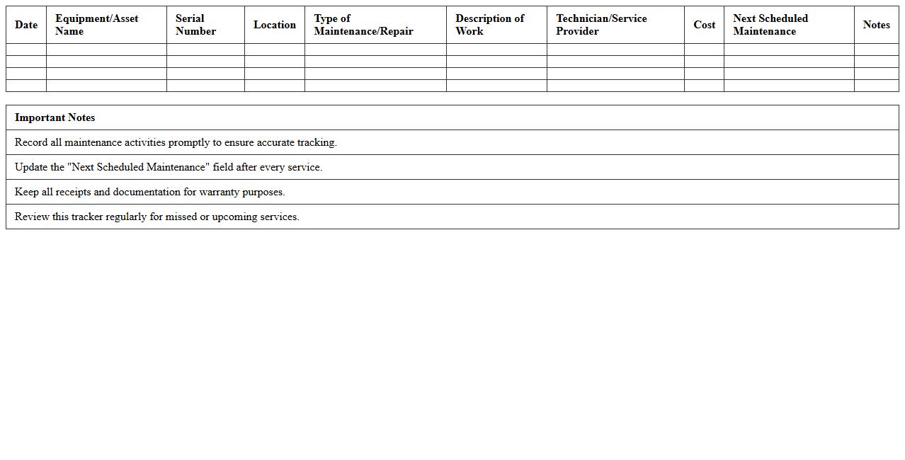 Maintenance and Repair Records Tracker