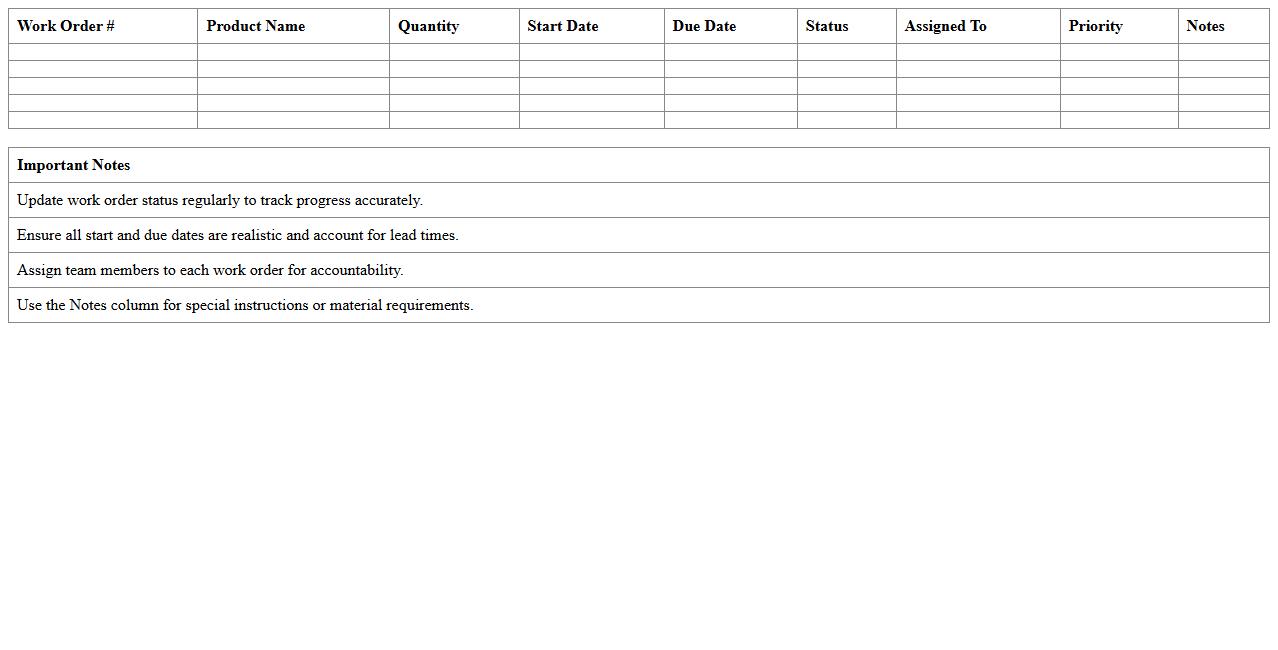 Manufacturing Work Order Calendar Excel Template