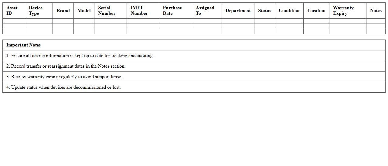 Mobile Device Asset Register Excel