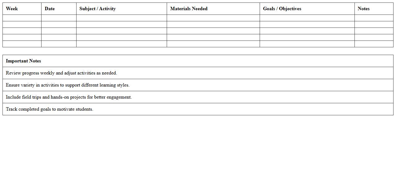 Monthly Homeschool Activity Schedule Template