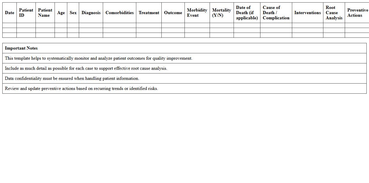 Mortality and Morbidity Outcome Tracking Template