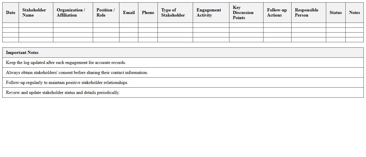 Nonprofit Stakeholder Engagement Log and Directory Excel
