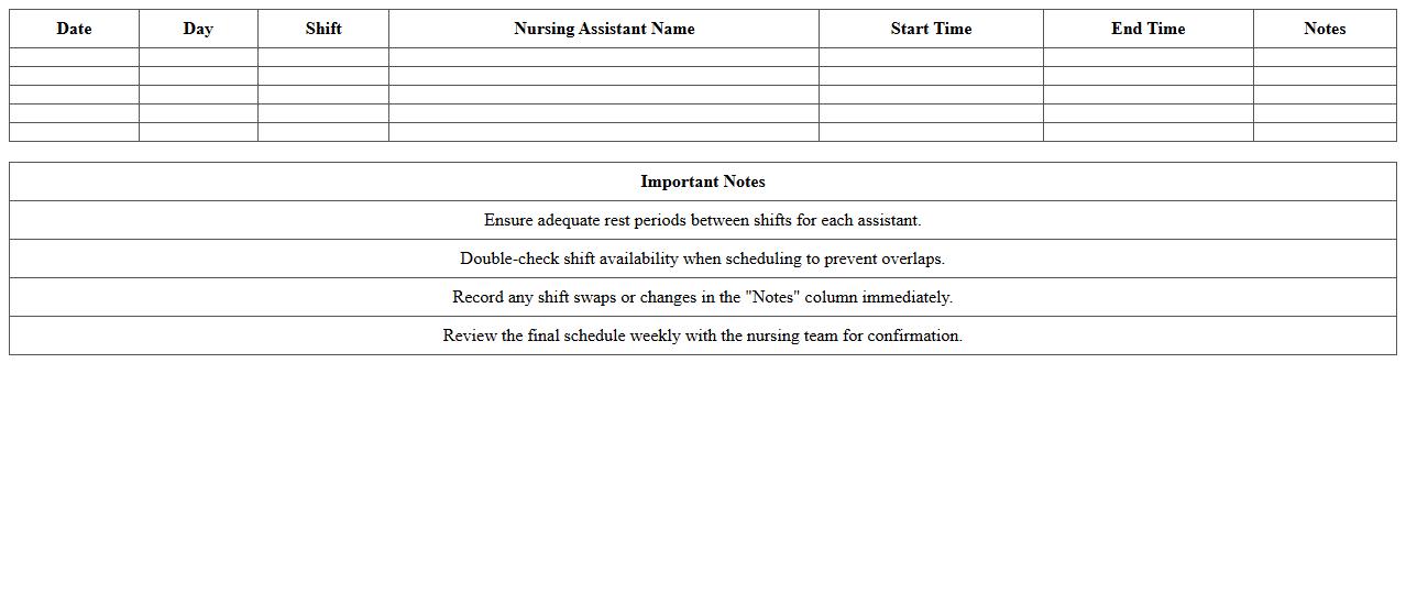 Nursing Assistant Shift Schedule Excel Planner