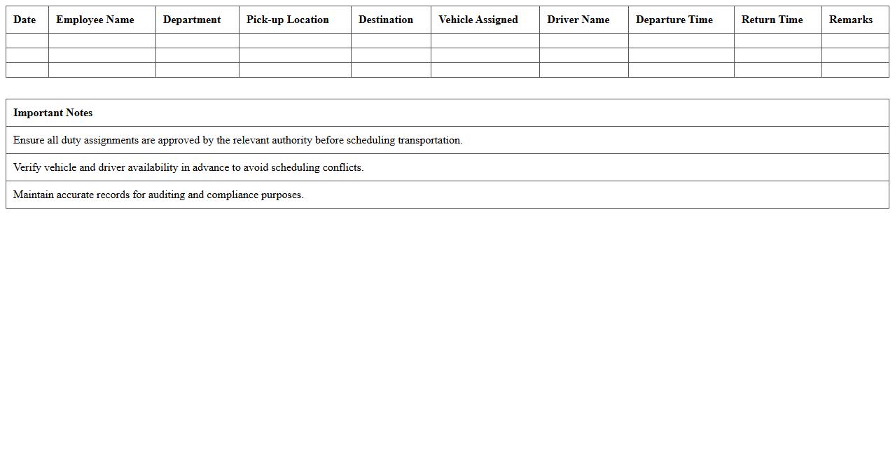 Office Transportation Duty Assignment Excel Template