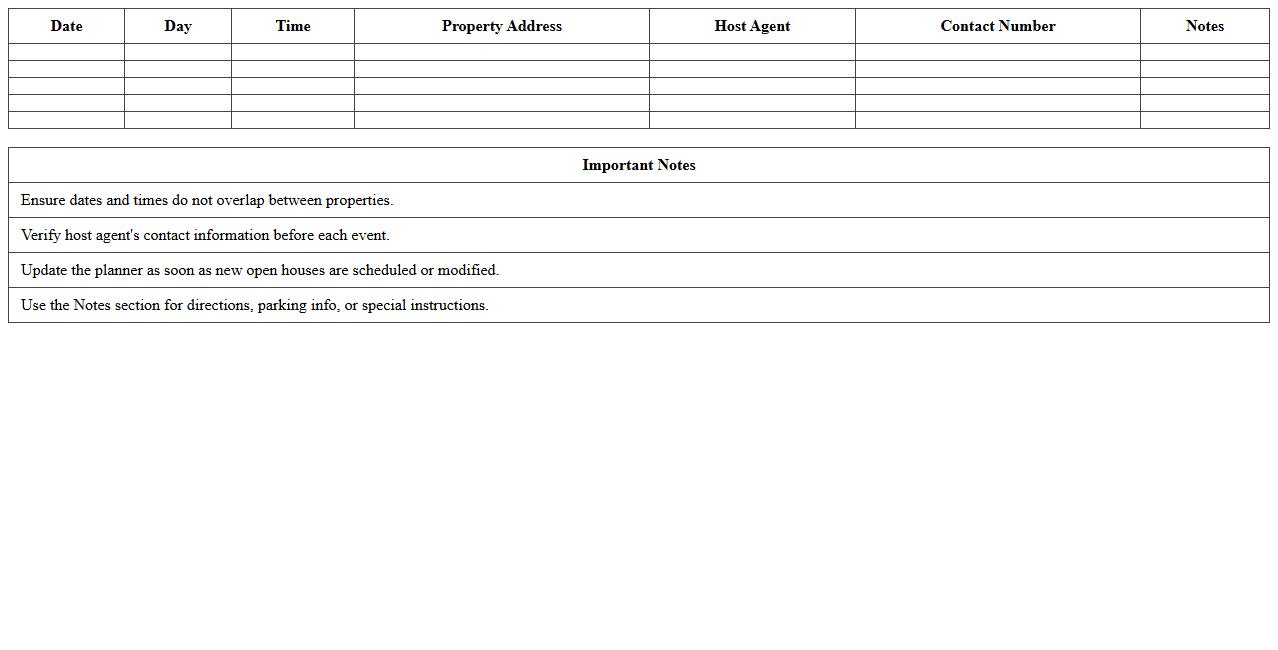 Open House Calendar Planner - Excel Template