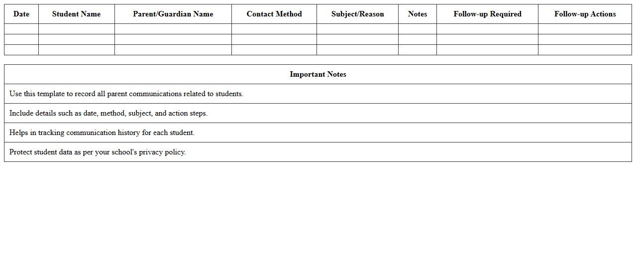 Parent Communication Report Excel Template for Teachers
