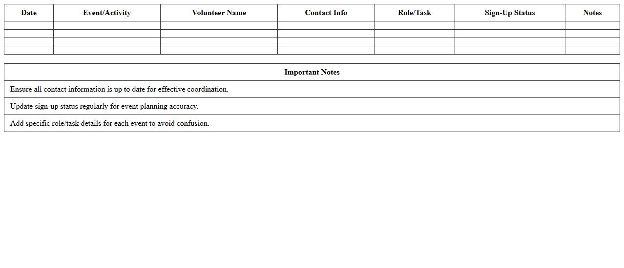 Parent Volunteer Coordination Excel Template
