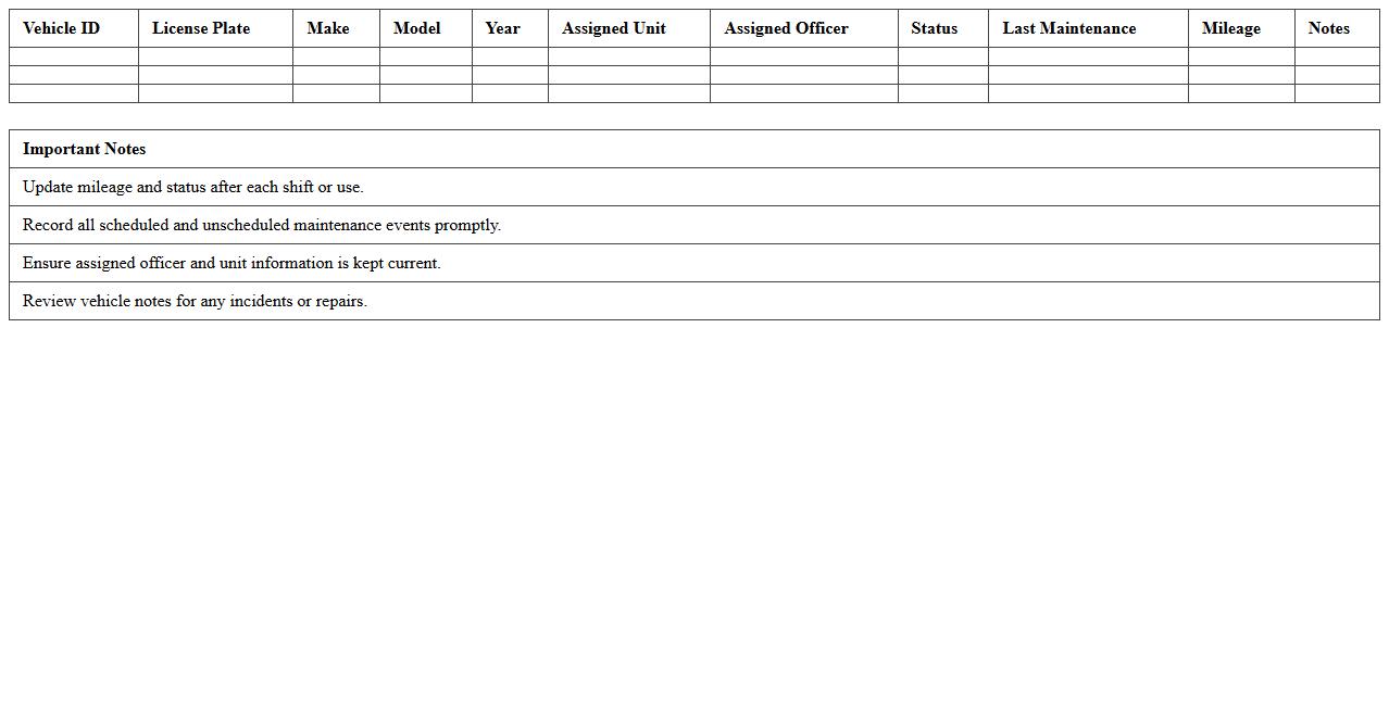 Police Vehicle Fleet Tracking Excel Sheet
