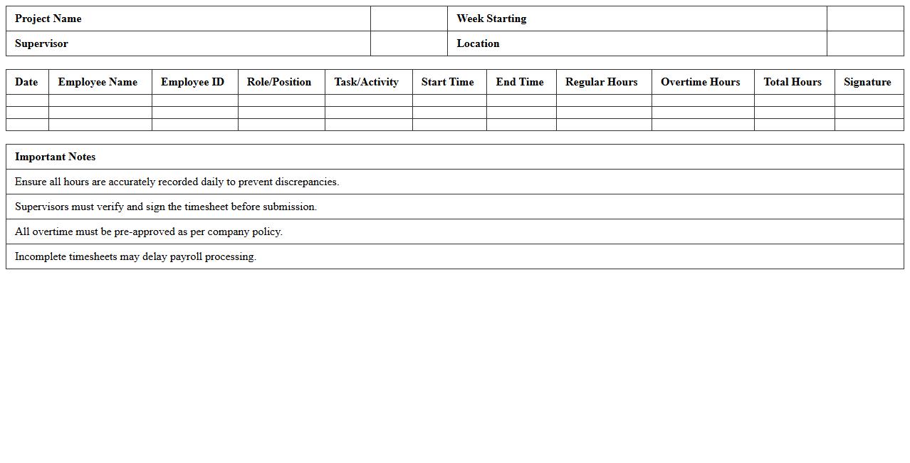 Project-Based Construction Labor Timesheet Template