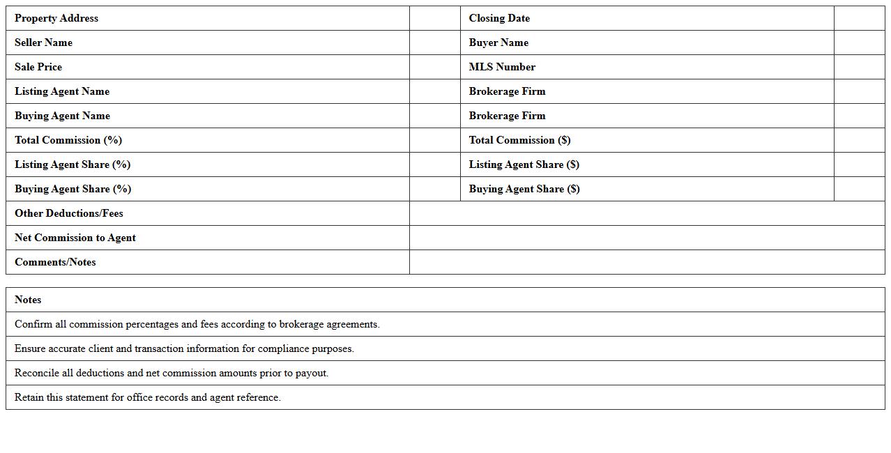 Real Estate Agent Commission Closing Statement Sheet