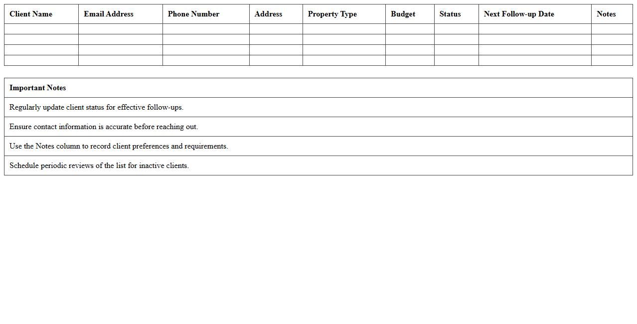 Real Estate Client Contact List Excel Template