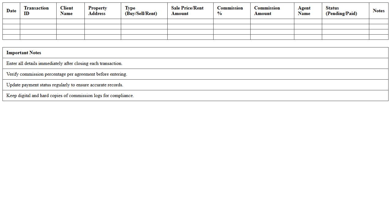 Real Estate Transaction Commission Log Sheet