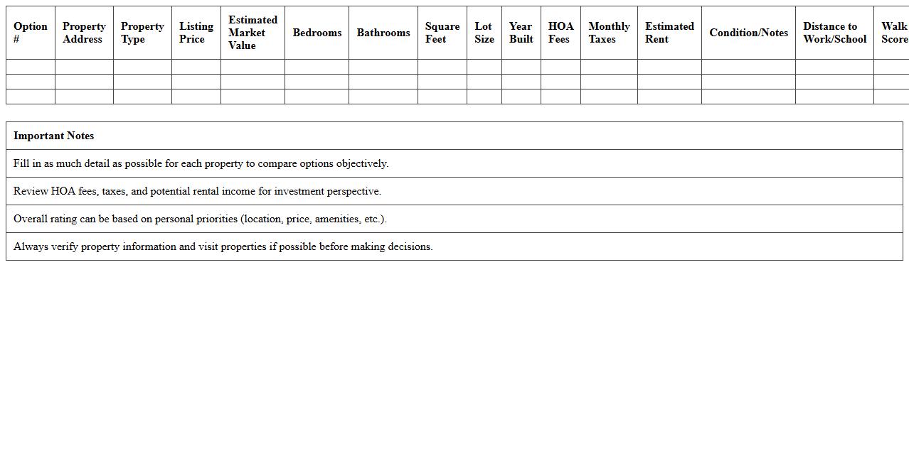 Residential Property Options Evaluation Excel Sheet