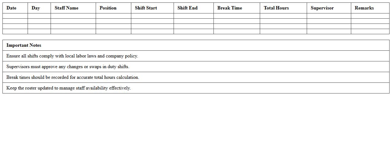 Retail Staff Duty Roster Excel Template for Supervisors