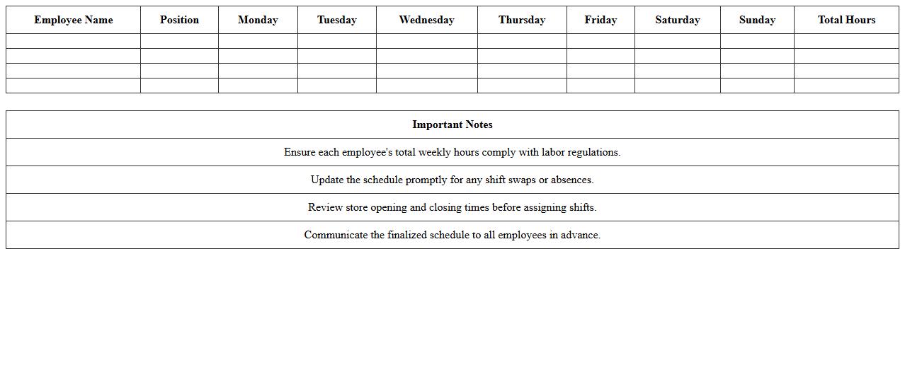 Retail Store Employee Work Schedule Template
