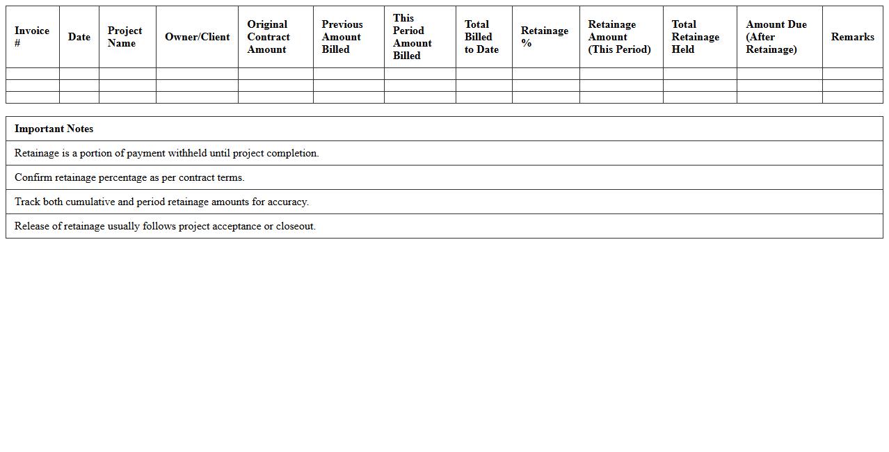 Retainage Tracking Construction Invoice Excel Template
