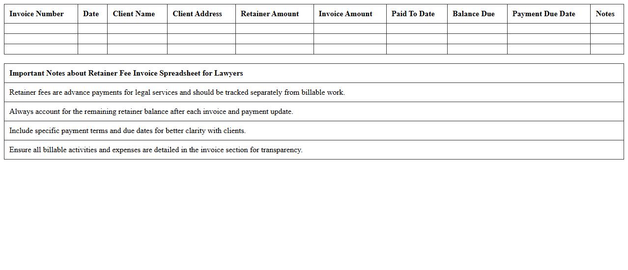 Retainer Fee Invoice Spreadsheet for Lawyers
