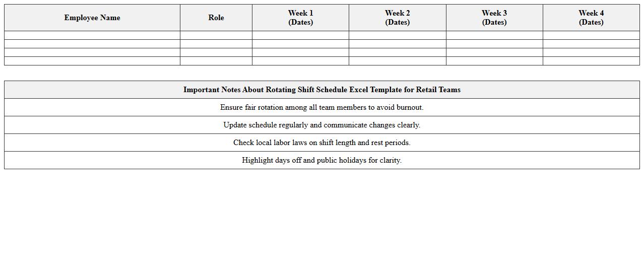 Rotating Shift Schedule Excel Template for Retail Teams