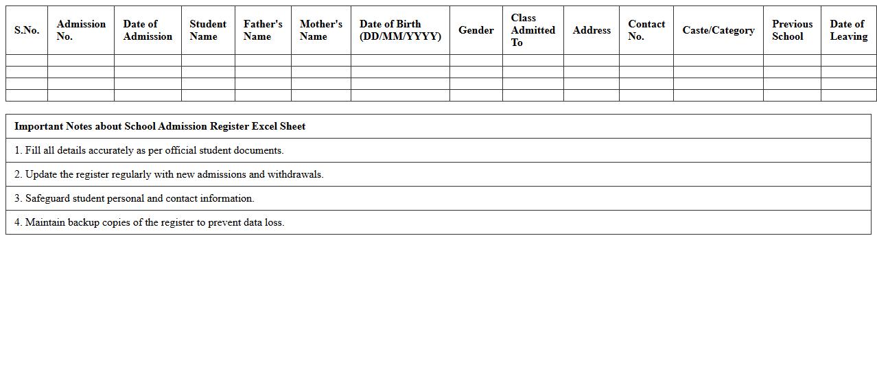 School Admission Register Excel Sheet