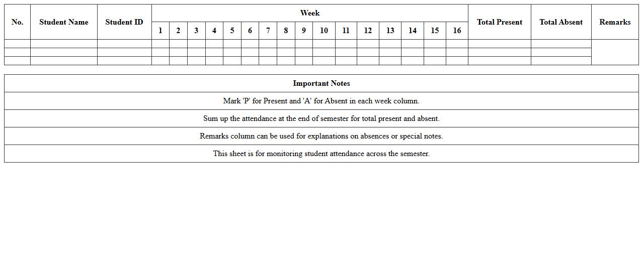 Semester Attendance Monitoring Sheet