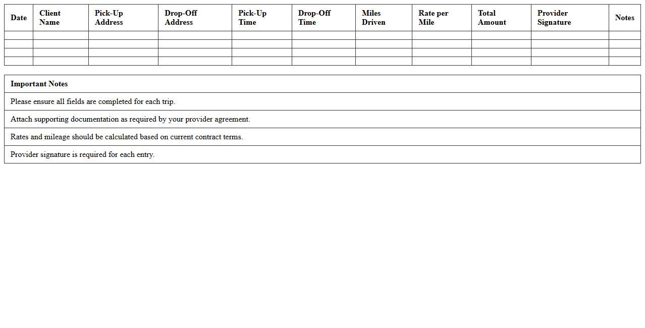 Shuttle Service Billing Excel Form for Independent Providers