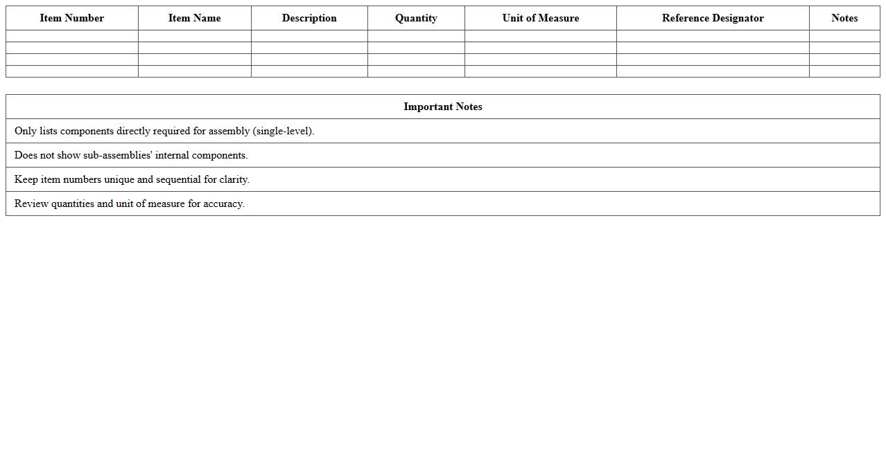 Single-Level Bill of Materials Excel Template